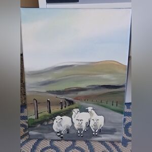Original Acrylic Pastoral Landscape Canvas Art with Sheep